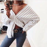 Off Shoulder Blue Striped Blouse Women 2017 Summer Fold Long Sleeve Blouses Shirt Women Elegant Tops Blusas Female