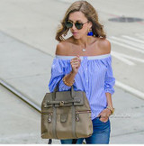 Off Shoulder Blouse Blue Striped Tops Bow Tie Back 2017 Sexy Cute Women Summer Tops Half Sleeve Tunic Blouse
