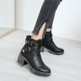 Odetina 2017 New Fashion Women Square High Thick Heel Ankle Boots Platform Black Double Buckle Booties Winter Shoes Plus Size 43