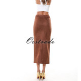 Ocstrade Free Shipping New Arrival Long Skirt for Women Summer 2017 Spring Fashion Brown Suede Midi Skirt High Waist
