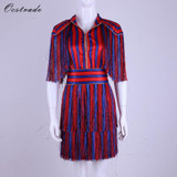 Ocstrade 2017 New Summer Women Dress Fashion Short Sleeve Tassel Red and Blue Striped Mini Evening Celebrity Party Runway Dress