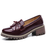 O16U Women Flats Shoes Tassel Knot Patent Leather Loafers Med Heel Shoes Boat Women Moccasin Mules Shoes for women Autumn 2018