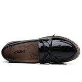 O16U Women Flats Shoes Tassel Knot Patent Leather Loafers Med Heel Shoes Boat Women Moccasin Mules Shoes for women Autumn 2018