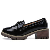 O16U Women Flats Shoes Tassel Knot Patent Leather Loafers Med Heel Shoes Boat Women Moccasin Mules Shoes for women Autumn 2018