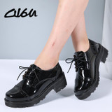 O16U Women Low Top Classic Oxfords Shoes Patent Leather Lace Up Med Square Heel Ladies Black Shoes Brand Brogue Oxford Shoes