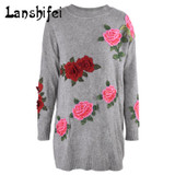 O-neck Knitted Long Sweater Women Embroidered Flowers Pullover Female Casual Loose Gray Sweaters 2017 New for Autumn and Winter O-neck Knitted Long Sweater Women Embroidered Flowers Pullover Female Casual Loose Gray Sweaters 2017 New for Autumn and Winter