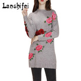 O-neck Knitted Long Sweater Women Embroidered Flowers Pullover Female Casual Loose Gray Sweaters 2017 New for Autumn and Winter O-neck Knitted Long Sweater Women Embroidered Flowers Pullover Female Casual Loose Gray Sweaters 2017 New for Autumn and Winter