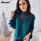 O Neck Patchwork Lace Blouses Women Long Sleeve Slim Shirts Casual Solid Tops Pink Gray 2018 Spring Blouses For Women