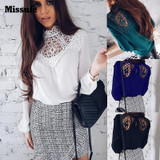 O Neck Patchwork Lace Blouses Women Long Sleeve Slim Shirts Casual Solid Tops Pink Gray 2018 Spring Blouses For Women