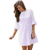O Neck Pleated Mini Casual Dress Women 2017 Autumn Half Puff Sleeve Striped Dress Female Cute Kwaii Dresses Fashion Clothing