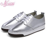 Nysiani Gold Split Leather Women Loafers 2017 Spring Shoes Round Toe Patent Leather Breathable Lace Up Leather Women Flat Shoe