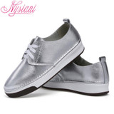 Nysiani Gold Split Leather Women Loafers 2017 Spring Shoes Round Toe Patent Leather Breathable Lace Up Leather Women Flat Shoe