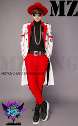 Newest Bigbang Stage Show Coat MEN Singers DJ Fashion Slim Red White Letter Long Suit Jacket Dress Clothing Costumes S-5XL
