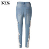 New Womens Skinny Lace Crochet Stretch Denim Slim Trousers Leggings Jeans Pants American Sexy Lace Transparet Female Jeans Pants
