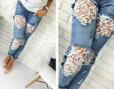 New Womens Skinny Lace Crochet Stretch Denim Slim Trousers Leggings Jeans Pants