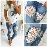 New Womens Skinny Lace Crochet Stretch Denim Slim Trousers Leggings Jeans Pants