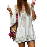 New Womens 2018 Sexy Summer Dress Ladies Boho Deep V-neck 3/4 Sleeve Lace Crochet Casual Loose Mini Dresses Beach Vestidos