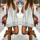 New Womens 2018 Sexy Summer Dress Ladies Boho Deep V-neck 3/4 Sleeve Lace Crochet Casual Loose Mini Dresses Beach Vestidos