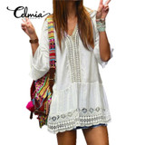 New Womens 2018 Sexy Summer Dress Ladies Boho Deep V-neck 3/4 Sleeve Lace Crochet Casual Loose Mini Dresses Beach Vestidos