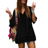New Womens 2017 Sexy Summer Dress Ladies Boho Deep V-neck 3/4 Sleeve Lace Crochet Casual Loose Mini Dresses Beach Vestidos