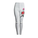 New Women's Vintage Embroider Flowers jeans Ripped Pencil Stretch Denim Pants Female Skinny Trousers high waist Jeans 2112