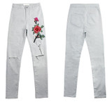 New Women's Vintage Embroider Flowers jeans Ripped Pencil Stretch Denim Pants Female Skinny Trousers high waist Jeans 2112