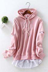 New Women's Sweatshirt Spring and Autumn 2017 Casual Fake 2 pieces Hole Patchwork Pullover Hoodie Loose Cotton Sweatshirt Female