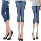 New Arrivals Women Casual Seamless Imitation Cowboy Printed Leggings Stretch Skinny Cropped To the Calf Leggings Half Pants Lady
