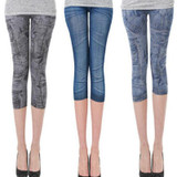 New Arrivals Women Casual Seamless Imitation Cowboy Printed Leggings Stretch Skinny Cropped To the Calf Leggings Half Pants Lady