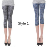 New Arrivals Women Casual Seamless Imitation Cowboy Printed Leggings Stretch Skinny Cropped To the Calf Leggings Half Pants Lady