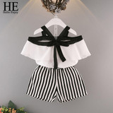 HE Hello Enjoy Summer Girls Clothes Sets Children's Clothing Fashion Girl Shirt Top+Striped Shorts Suits 2018 Kids Clothing 2pcs