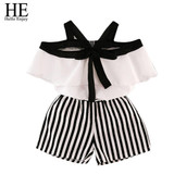 HE Hello Enjoy Summer Girls Clothes Sets Children's Clothing Fashion Girl Shirt Top+Striped Shorts Suits 2018 Kids Clothing 2pcs