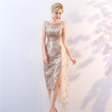 He's Bride 2018 New Cocktail Dress Champagne Gold Sexy Slim Straight Sleeveless Sequins Knee-length Party Gown Robe De Soiree