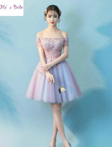 He's Bride New Sweet Purple Pink Lace Cocktail Dresses Boat Neck Knee-length Appliques Beading Party Gown Custom Formal Dresses
