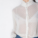 HDY Haoduoyi Womens Summer Sexy Lace Hollow Out Sheer Flare Sleeve Buttons Blouses Shirts Casual Solid Femme Girl for wholesale