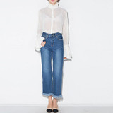 HDY Haoduoyi Womens Summer Sexy Lace Hollow Out Sheer Flare Sleeve Buttons Blouses Shirts Casual Solid Femme Girl for wholesale