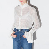 HDY Haoduoyi Womens Summer Sexy Lace Hollow Out Sheer Flare Sleeve Buttons Blouses Shirts Casual Solid Femme Girl  for wholesale