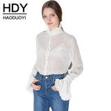 HDY Haoduoyi Womens Summer Sexy Lace Hollow Out Sheer Flare Sleeve Buttons Blouses Shirts Casual Solid Femme Girl  for wholesale