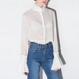 HDY Haoduoyi Womens Summer Sexy Lace Hollow Out Sheer Flare Sleeve Buttons Blouses Shirts Casual Solid Femme Girl  for wholesale