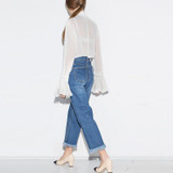 HDY Haoduoyi Womens Summer Sexy Lace Hollow Out Sheer Flare Sleeve Buttons Blouses Shirts Casual Solid Femme Girl  for wholesale