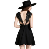 HDY Haoduoyi Women Dress Sexy Braces Dress Casual Party Dress Lace Angle Wings Beach Dress Solid Backless Mini Dress Vestidos