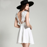 HDY Haoduoyi Women Dress Sexy Braces Dress Casual Party Dress Lace Angle Wings Beach Dress Solid Backless Mini Dress Vestidos