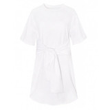 HDY Haoduoyi Women Half Sleeves O-neck Midi Dress Elegent Solid White Drawstring Female Dress Ladies Shaping Slim Dress Vestido