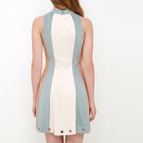 HDY Haoduoyi Summer Contrast Color Bodycon Dress Sexy Party Mini Dress Women Sleeveless Eyelet Detail High Collar Dress