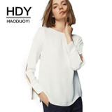 HDY Haoduoyi Solid White Sweet Fashion Women Shirts Long Sleeve O-neck Split Hollow Out Buttons Female Blouses Elegant Tops
