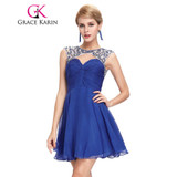 Grace Karin Cocktail Party Dresses 2017 Sleeveless Hollowed Sequined Chiffon Short Summer Mini Cocktail Dress Blue Prom Gowns
