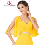 Grace Karin Chiffon Elegant Long Evening Dress Yellow Double V Neck Beading Pageant Ceremony Elegant Gown Prom Dresses 7514