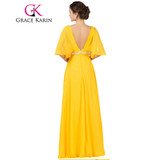 Grace Karin Chiffon Elegant Long Evening Dress Yellow Double V Neck Beading Pageant Ceremony Elegant Gown Prom Dresses 7514