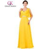 Grace Karin Chiffon Elegant Long Evening Dress Yellow Double V Neck Beading Pageant Ceremony Elegant Gown Prom Dresses 7514