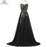 Grace Karin Black Prom Dresses Chiffon Peacock Appliques Plus Size Elegant Formal Gowns Purple Long Wedding Party Dress Prom